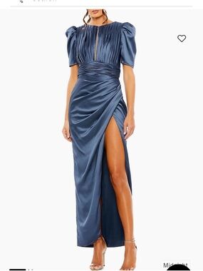 Mac Duggal Midnight Blue Satin Pleated Puff-Sleeve Gown